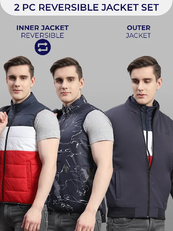 Chic Smart Men Grey Solid Stand Collar Full Sleeve Reversible Jacket - 2 Pc set