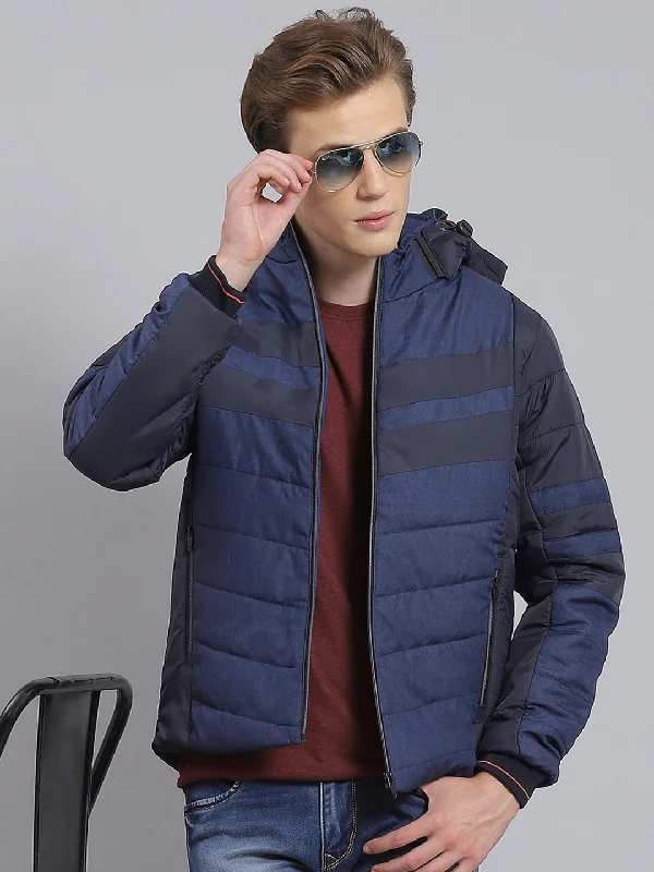 Classic Contemporary Men Blue Solid Hooded Full Sleeve Jacket