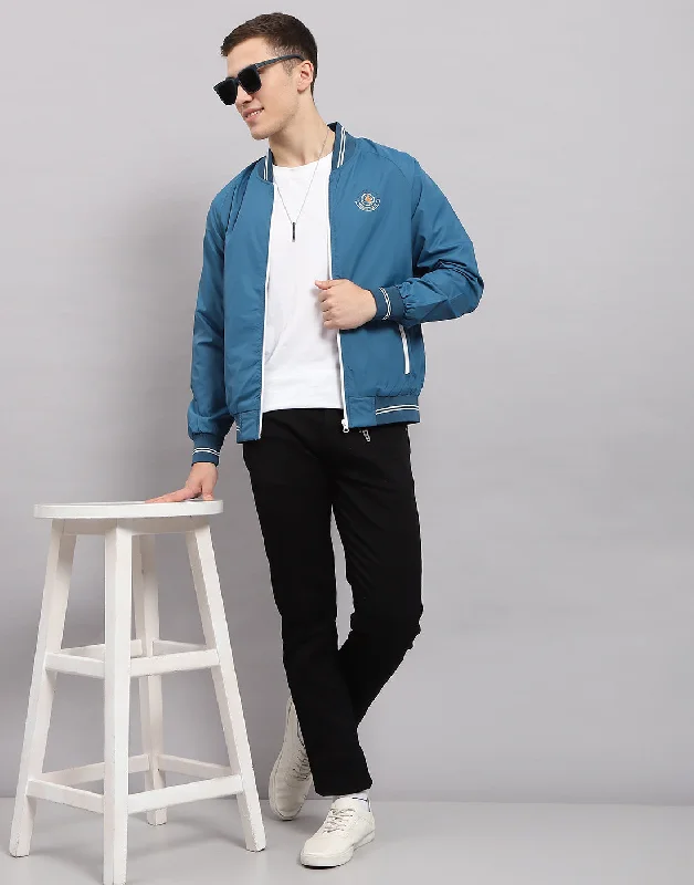 Heritage Contemporary Men Blue Solid Mock Neck Full Sleeve Jacket