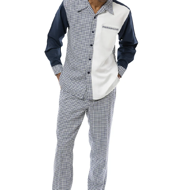 Chic Street Navy Checkered 2 Piece Long Sleeve Walking Suit Set