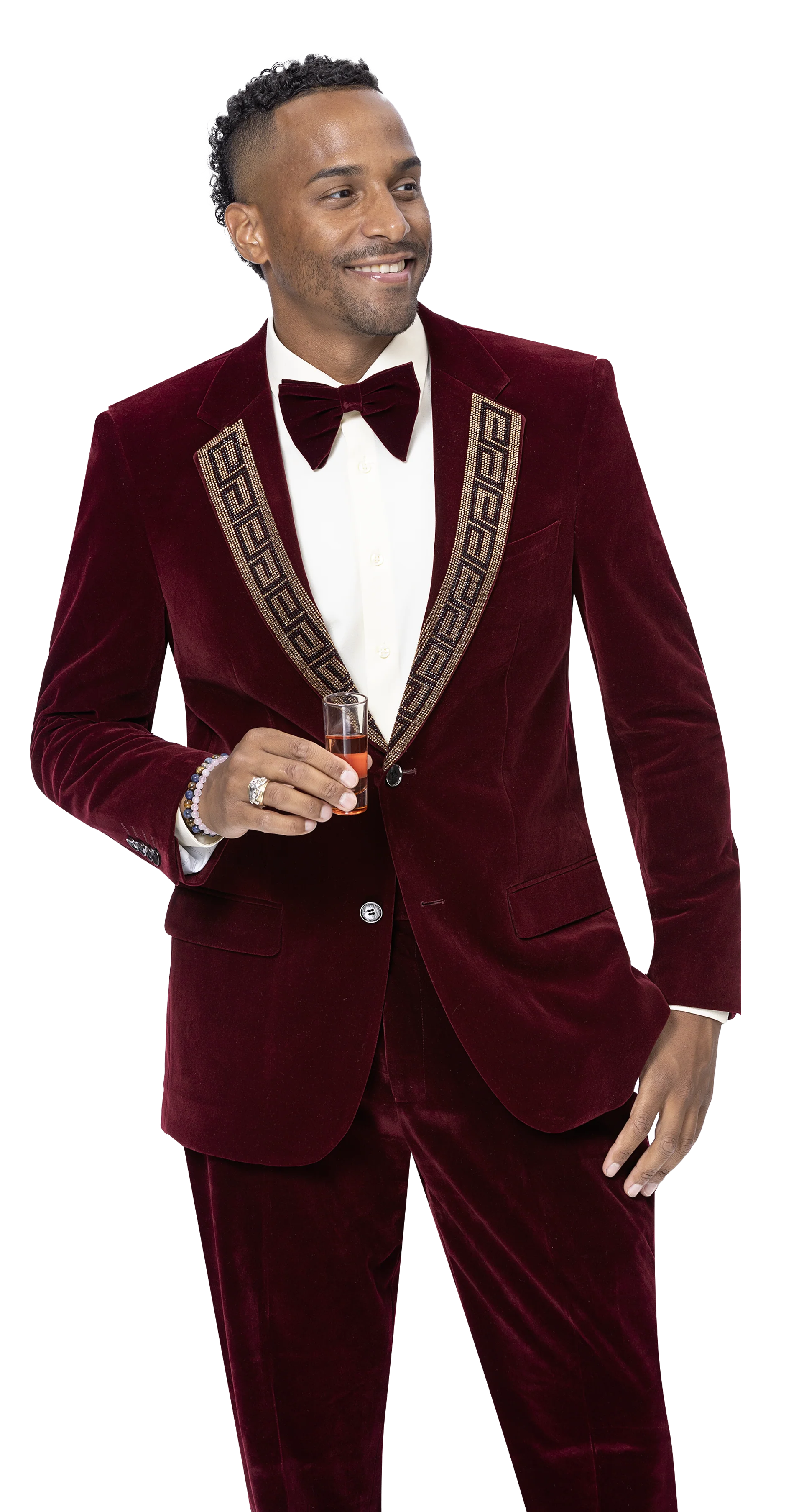 Contemporary Rebel Burgundy Two Piece Velvet Fashion Suit JP110