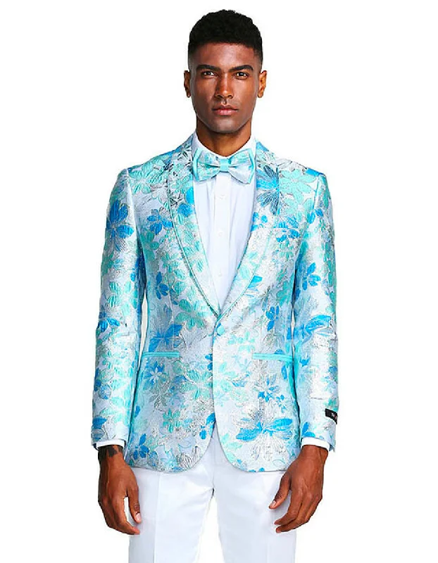 Minimal Smart Mens Paisley Shawl Prom Tuxedo Blazer in Turquoise Sky Blue