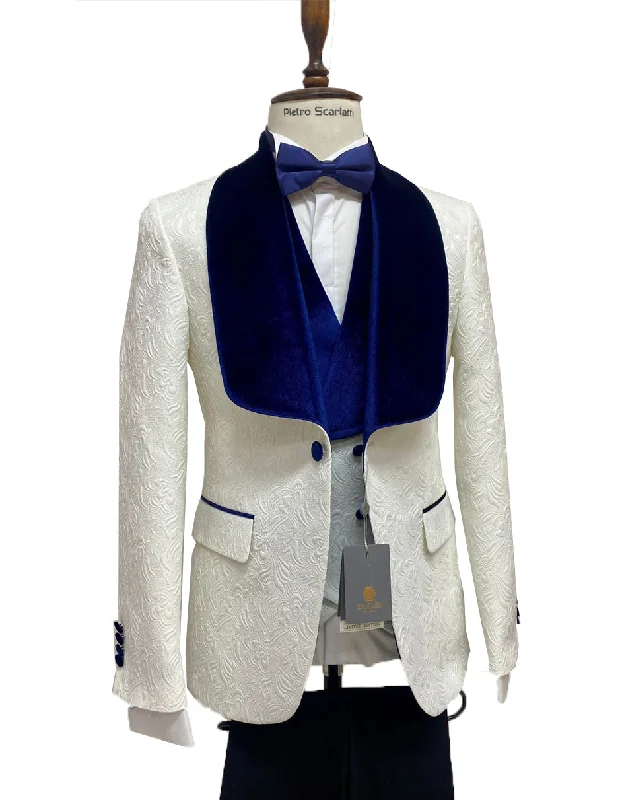Effortless Minimalist Mens Vested Designer Wide Royal Blue Velvet Shawl Tuxedo in Ivory Paisley Effortless Minimalist Mens Vested Designer Wide Royal Blue Velvet Shawl Tuxedo in Ivory Paisley