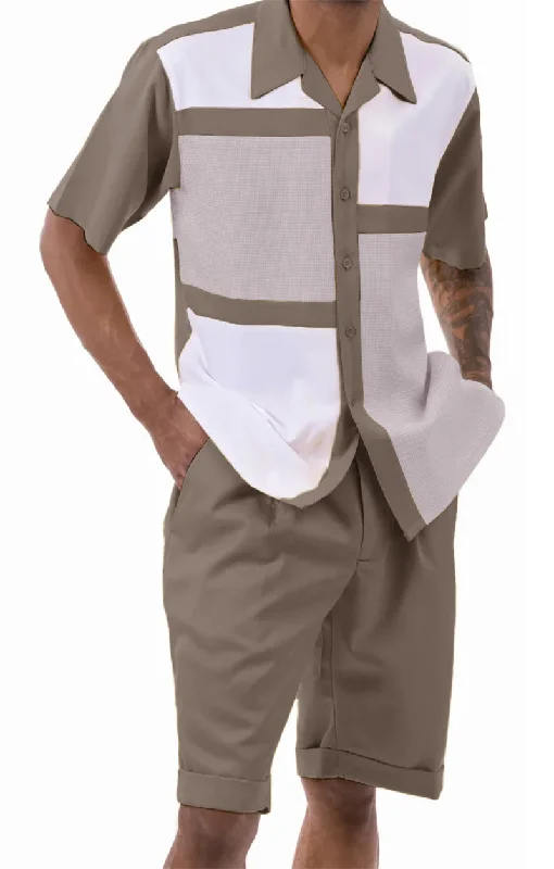 Minimal Urban Olive Houndstooth Color Block Walking Suit 2 Piece Short Sleeve Set with Shorts