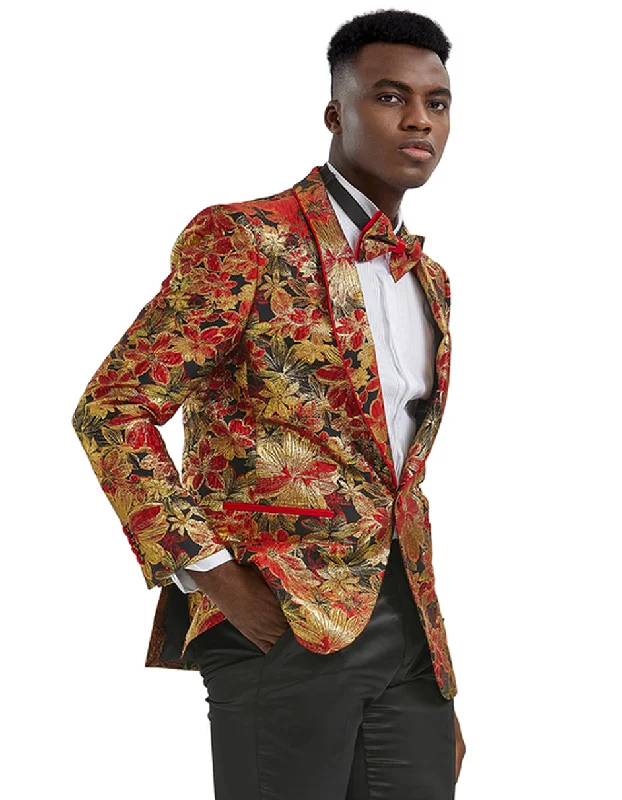 Urban Relaxed Mens Paisley Shawl Prom Tuxedo Blazer in Red & Gold