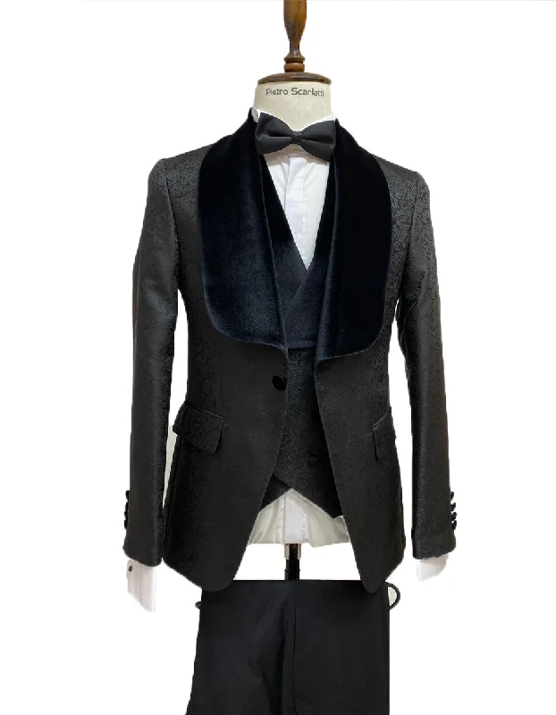 Chic Polished Mens Vested Designer Wide Velvet Shawl Tuxedo in Black Paisley
