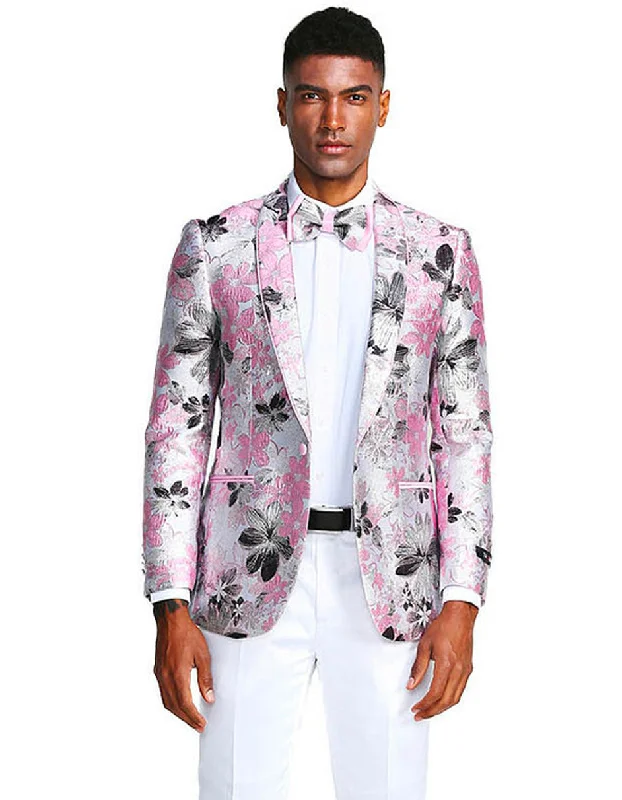 Sophisticated Minimalist Mens Paisley Shawl Prom Tuxedo Dinner Jacket in Pink