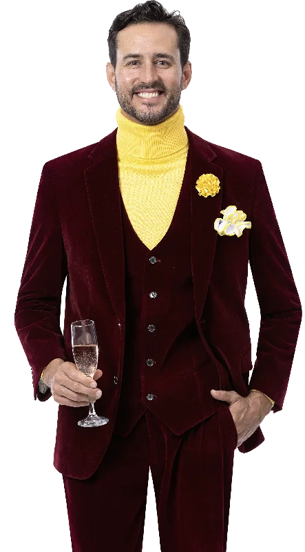 Retro Rugged Wine Velvet Three Piece Regular Fit Fashion Suit M2781