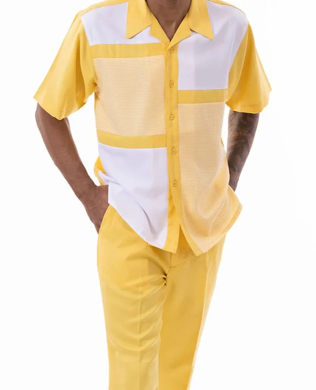 Polished Minimalist Canary Yellow Color Block Walking Suit 2 Piece Short Sleeve Set