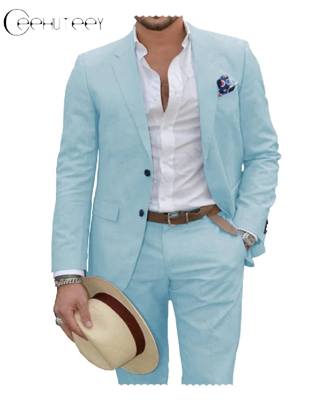 Classic Monochrome Linen Suit for Men Casual Wedding Suit for Men (Blazer+Pants)