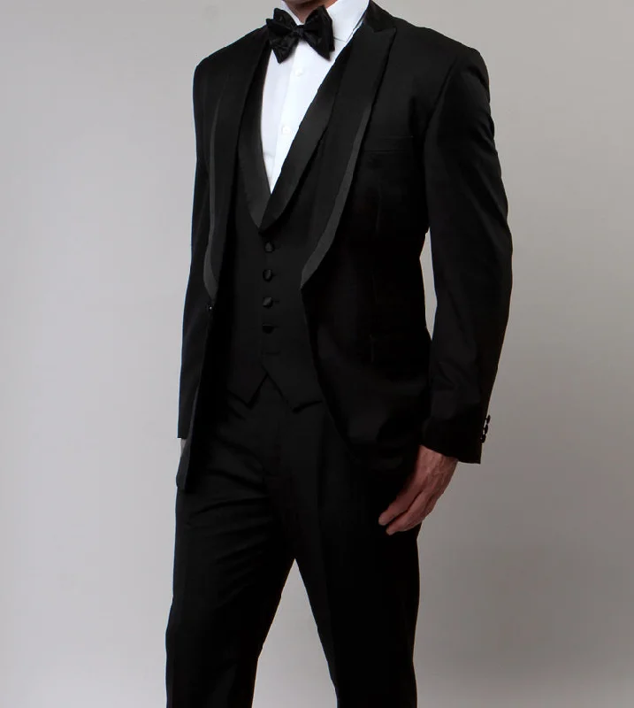 Edgy Chic Black Slim Fit Tuxedo 3 Piece with Satin Shawl Collar Vest
