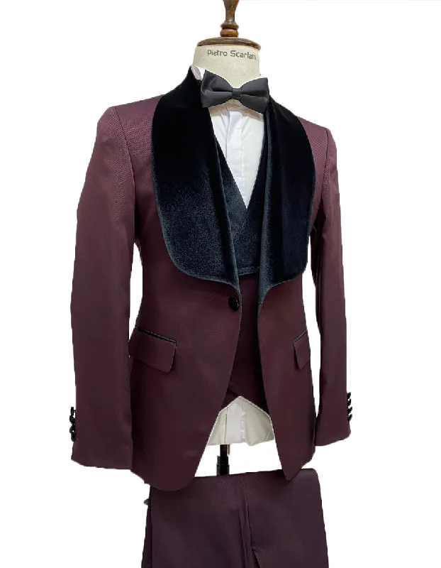 Casual Contemporary Mens Vested Designer Wide Velvet Shawl Tuxedo in Burgundy