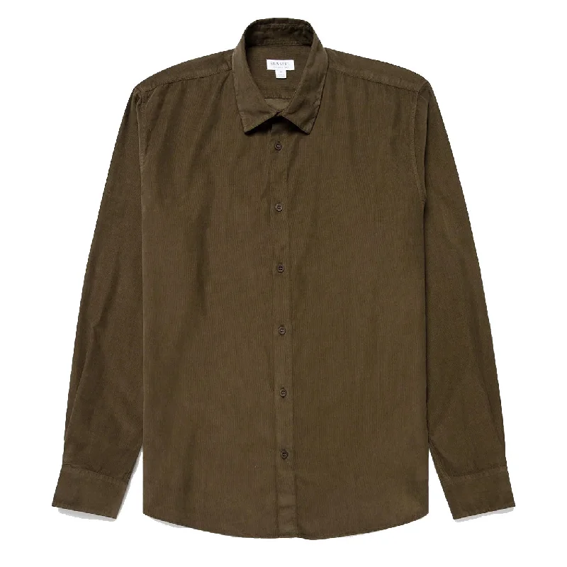 Sunspel Fine Corduroy Oxford Shirt Dark Moss