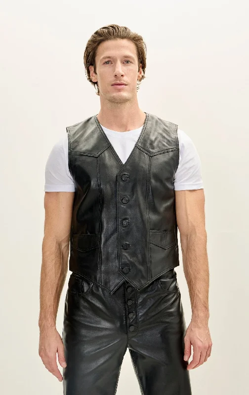 Men's Classic Club Style Leather Vest - Black