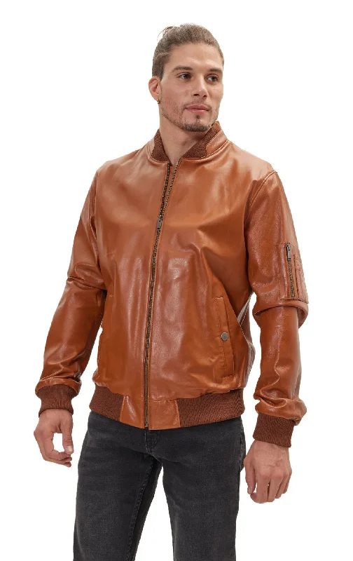 Genuine Leather Bomber Jacket - Brown