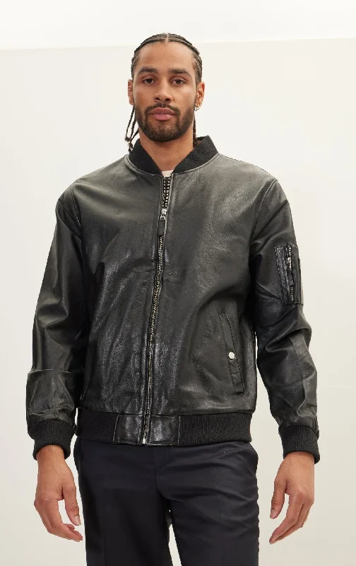 Genuine Leather Bomber Jacket - Black