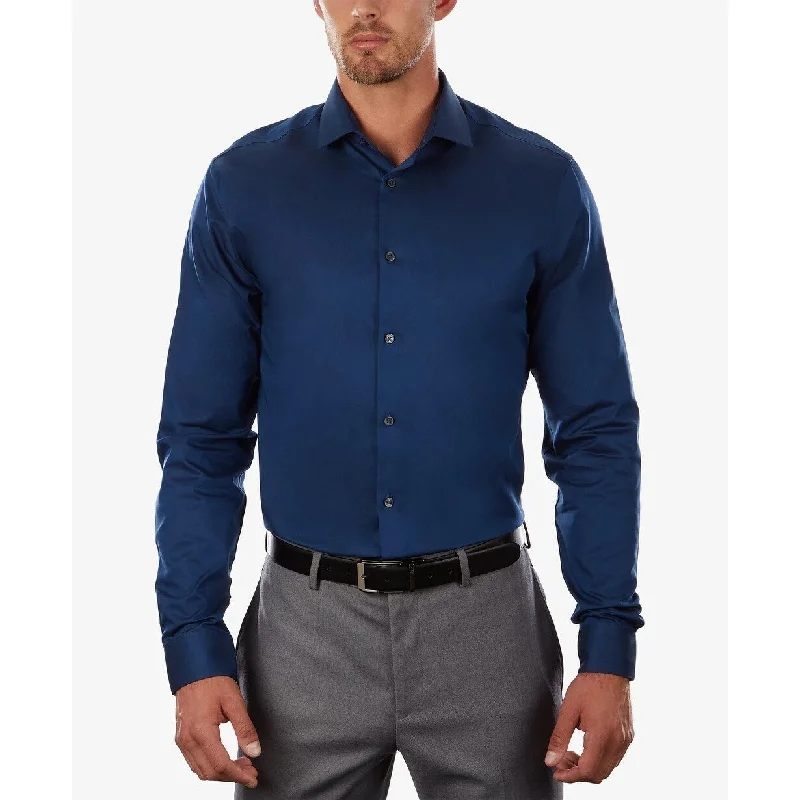 Calvin Klein X Men's Steel Extra-Slim Fit Non-Iron Performance Herringbone Dress Shirt Blue Size 16.5X34-35