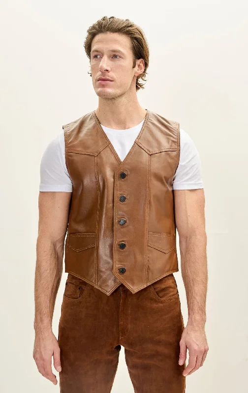 Men's Classic Club Style Leather Vest - Brown