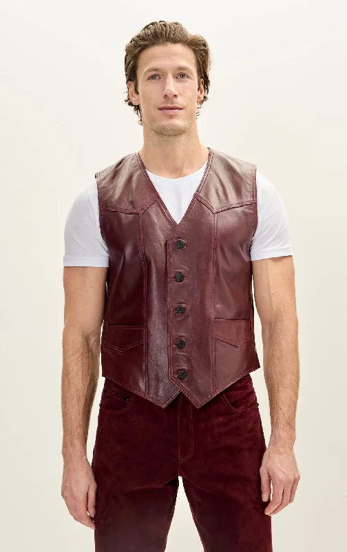 Men's Classic Club Style Leather Vest - Burgundy