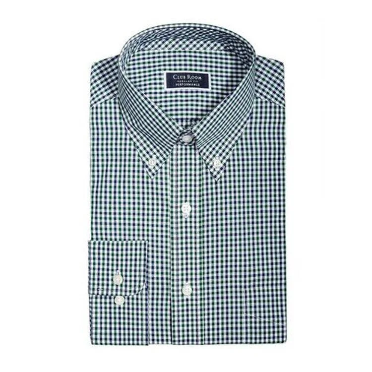 Club Room Men's Classic/Regular Fit Gingham Check Performance Dress Shirt Dark Green Size 15X32-33