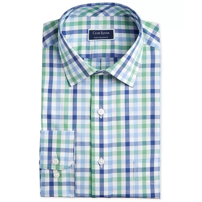 Club Room Men's Classic/Regular Fit Performance Multi Gingham Dress Shirt Dark Green Size 34-35