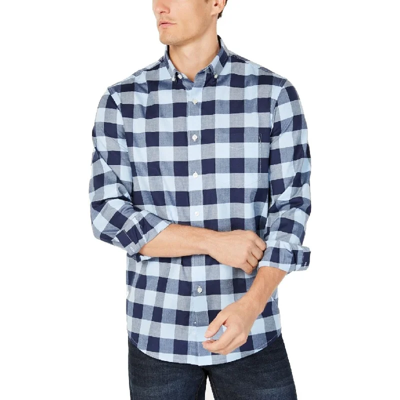 Club Room Men's Herringbone Plaid Pocket Shirt Blue Size Large