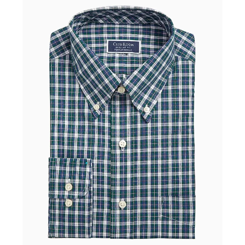 Club Room Men's Stretch Blackwatch Tartan Dress Shirt Green Size 36-37