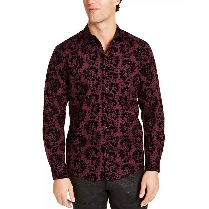 INC International Concepts Men's Flocked Paisley Shirt Purple Size X-Large