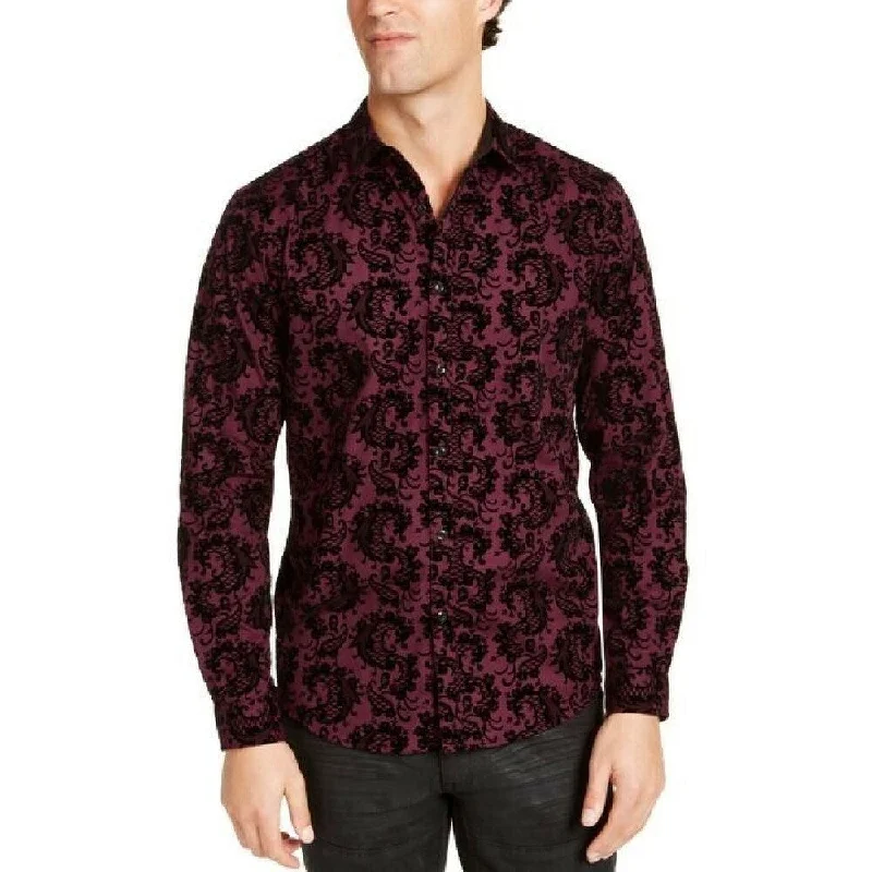 INC International Concepts Men's Flocked Paisley Shirt Wine Size Small