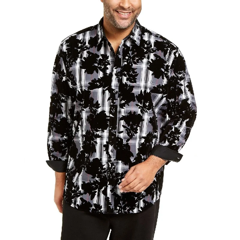 INC International Concepts Men's Flocked Plaid Shirt Black Size Small