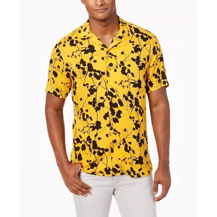 INC International Concepts Men's Twig Leaf Shirt Yellow Size Large