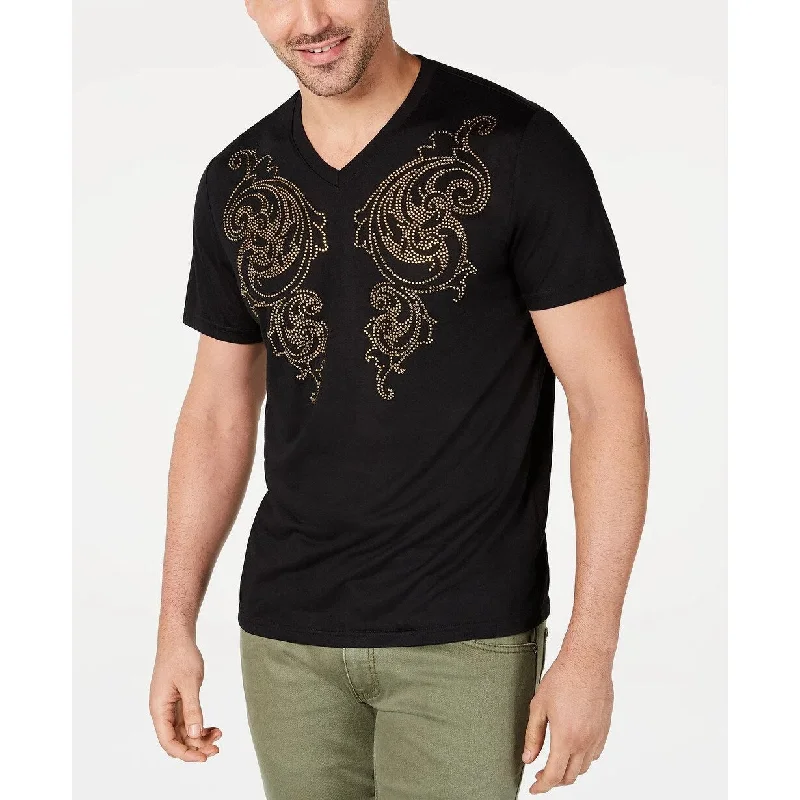 INC International Concepts Men's V-Neck Rhinestone Scroll T-Shirt Black Size X-Large