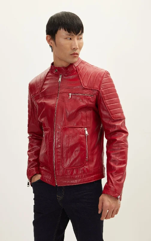 Piping Details Leather Biker Jacket - Red