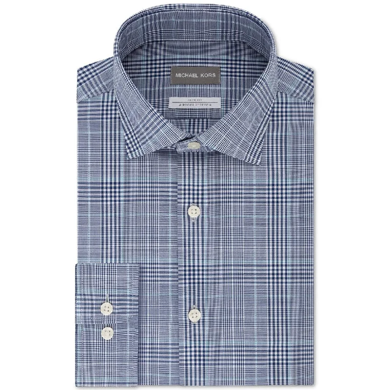 Michael Kors Men's Slim-Fit Non-Iron Airsoft Performance Stretch Plaid Dress Shirt Blue Size 15-32-33