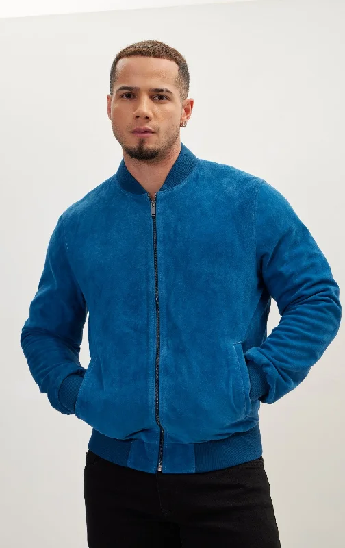 Classic Suede Leather Bomber - Blue