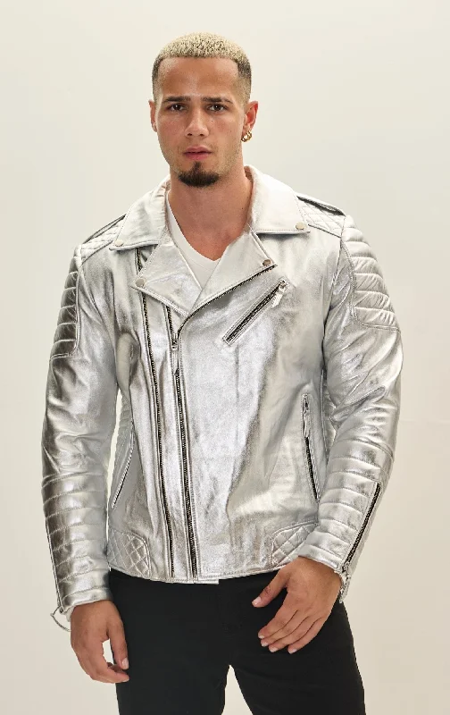 Quilted Leather Moto Jacket - Silver