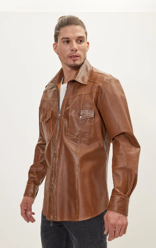 Genuine Leather Shirt With Zipper Closure - Brown