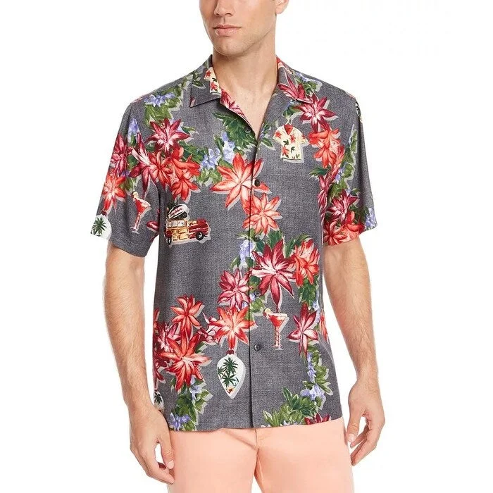 Tommy Bahama Men's Poinsettia Holiday Short Sleeve Silk Button-Up Camp Shirt Size Black Size X-Large