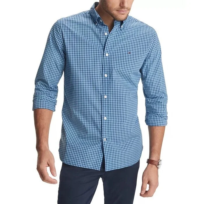 Tommy Hilfiger Men's Charles Custom-Fit Stretch Gingham Check Shirt Blue Size Large