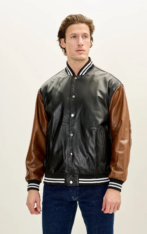 Men's Two Tone Varsity Leather Jacket - Black Brown