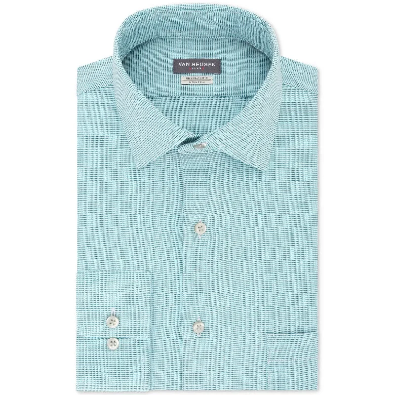 Van Heusen Men's Classic Fit Performance Stretch Wrinkle-Free Flex Collar Micro-Houndstooth Dress Shirt Aqua Size 32X33