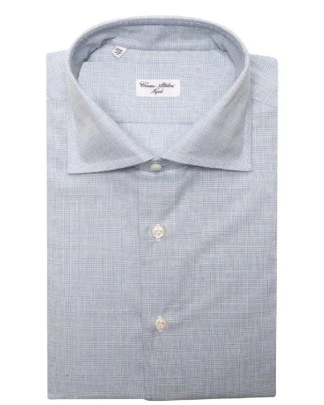 Light Blue Cotton Blend Mini Glen Plaid Dress Shirt