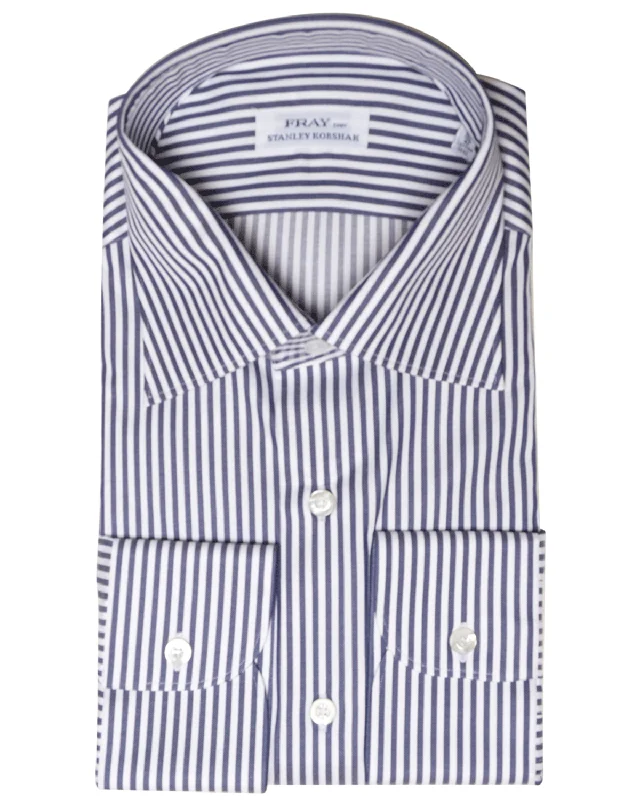 White and Navy Stripe Cotton Byron Dress Shirt