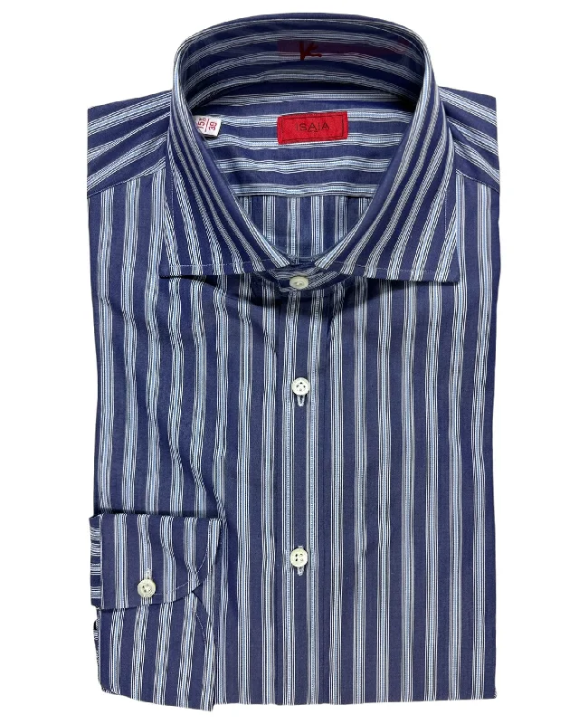 Isaia Dress Shirt Dark Blue Stripes 39 - 15 1/2 Regular Fit