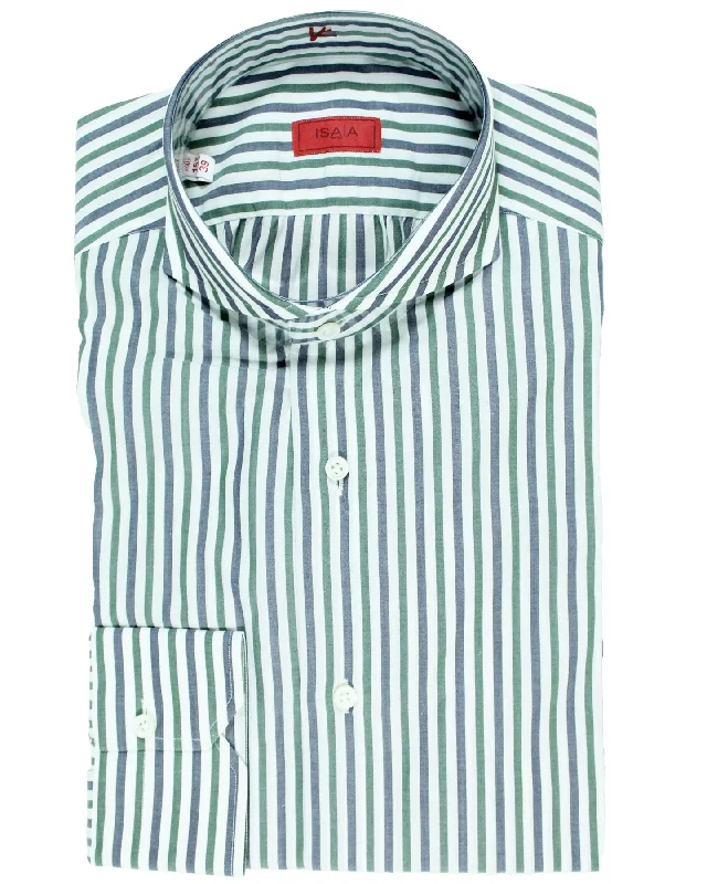 Isaia Dress Shirt Green Navy Stripes 39 - 15 1/2 Regular Fit