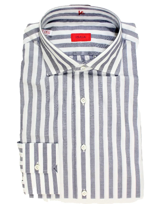 Isaia Dress Shirt White Gray Bengal Stripes 41 - 16