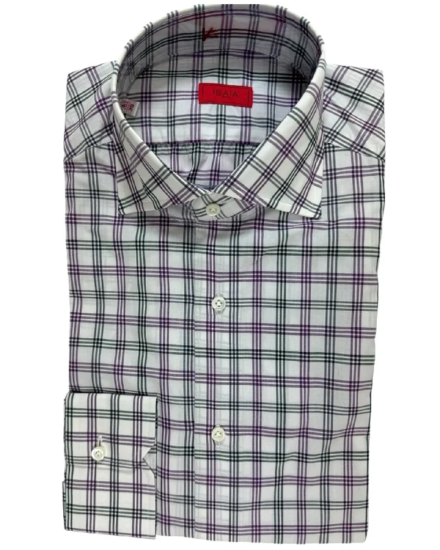 Isaia Shirt White Purple Glen Check 39 - 15 1/2 Regular Fit