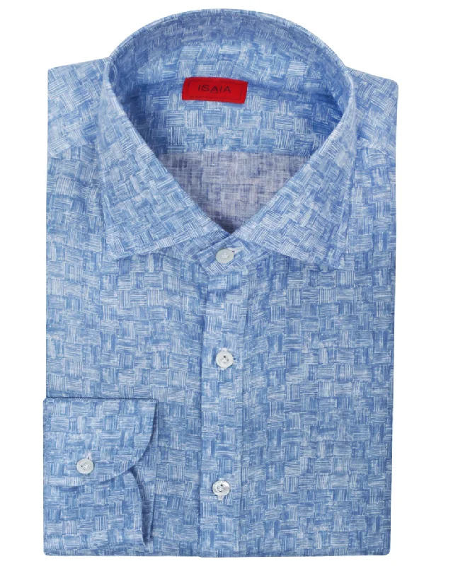 Blue and White Geometric Dress Shirt