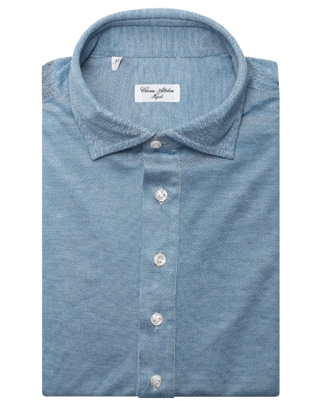 Teal Blue Pique Knit Cotton Sportshirt