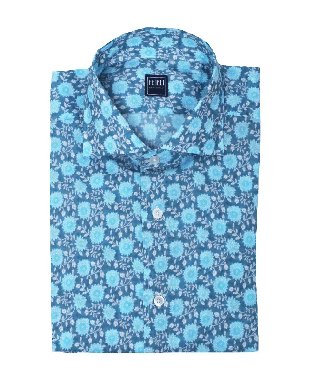 Blue and White Multi Floral Dress Shirt